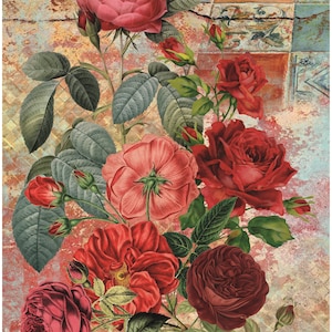 Authentic Pattern Red Roses - Large Decoupage for Furniture - Rice Paper - Vintage Decoupage - Decoupage Paper