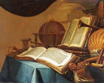 May include: A still life painting featuring a globe, books, and musical instruments. The globe is on a wooden stand and the books are open, revealing pages of text. The musical instruments include a violin, a flute, and a trumpet. The painting is set against a brown background.