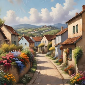 Papel para decoupage - Tamaño 6 - Pueblo europeo con flores vibrantes - Papel de arroz