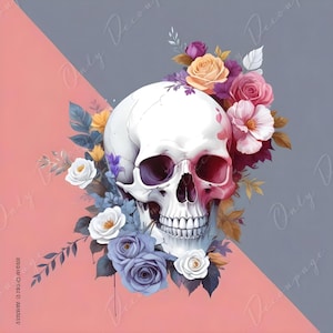 Papel para decoupage - 6 opciones de tamaño - Colección Halloween - Calavera floral rosa y gris