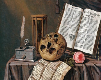 May include: A still life painting featuring a human skull, an hourglass, a quill pen, an inkwell, a book, a piece of paper, a wax seal, and a single pink rose. The book is open and the text on the page reads "vande Endelhendt des leuens."