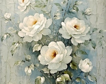 May include: A painting of a bouquet of white roses with green leaves against a blue and white textured background.