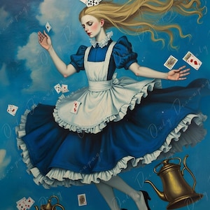 Alicia en el país de las maravillas - Papel para decoupage de muebles - 6 tamaños - Naipes - Maceta dorada - Nubes