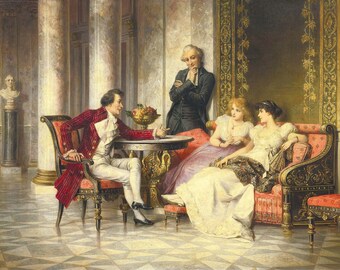 Puede incluir: Una pintura que representa a un grupo de personas en una sala grandiosa con columnas de mármol. Un hombre con una chaqueta roja está sentado en una silla, hablando con una mujer con un vestido blanco. Otra mujer está sentada en un sofá, y un hombre con un traje negro está de pie detrás de ellos. La sala está decorada con muebles y obras de arte ornamentados.