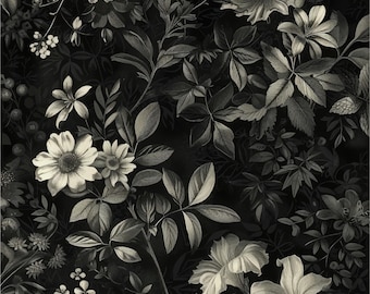 May include: A black and white floral pattern with various flowers and leaves. The pattern is a repeating design and features a variety of flowers, including roses, daisies, and lilies.