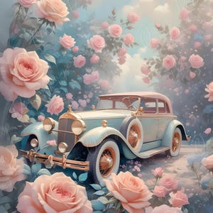 Coche clásico de cuento de hadas - Papel de decoupage grande - 6 tamaños - Rosas rosas - Shabby Chic