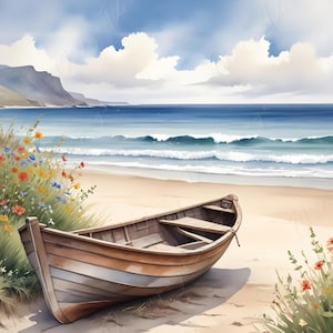 Spiaggia - Carta da decoupage grande - 6 opzioni di formato - Tramonto - Barca di legno - Fiori di campo