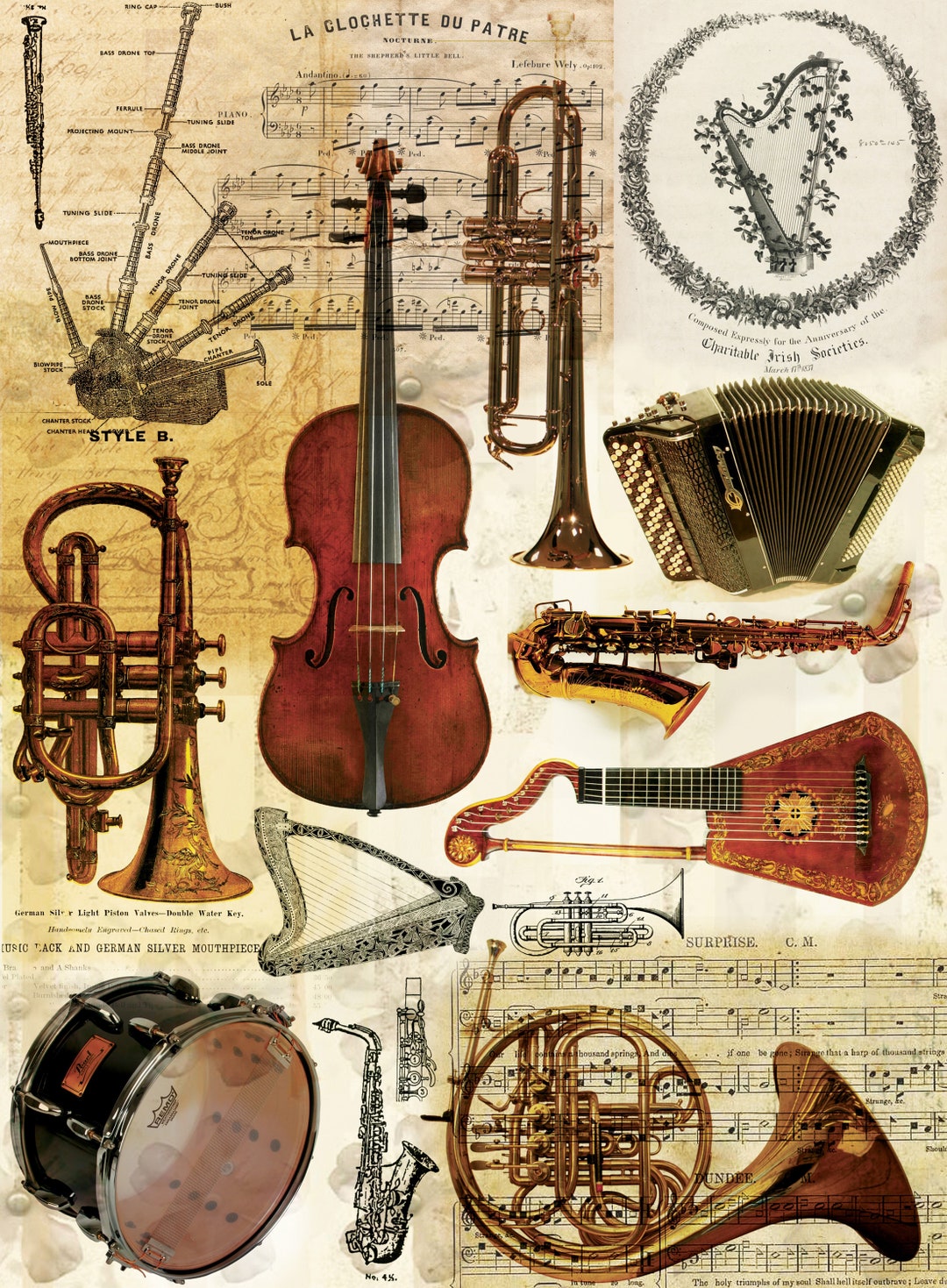 Musical Instruments Vintage Decoupage Paper - Decoupage Art - Large ...