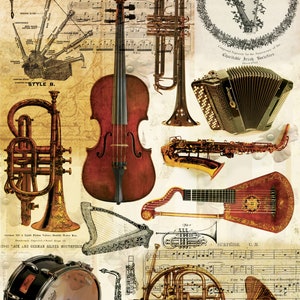Vintage decoupagepapier muziekinstrumenten - decoupagekunst - groot formaat rijstpapier voor decoupage - decoupagetransfers - A3, A2 en A1