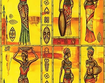 Puede incluir: Una hoja de transferencia imprimible digital que presenta cuatro ilustraciones de mujeres con ropa tradicional africana. Las mujeres sostienen jarras y cestas. El fondo es de color amarillo y naranja con patrones y símbolos geométricos. El texto "Tela Transfer" y "modelo no:309" está impreso en la parte superior de la hoja.