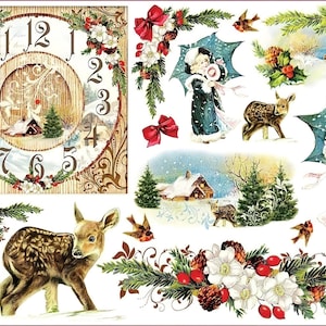 Christmas Decoration Collage - Decorative Decoupage Paper - for Furniture - Large Size Options [ White Red Green ]