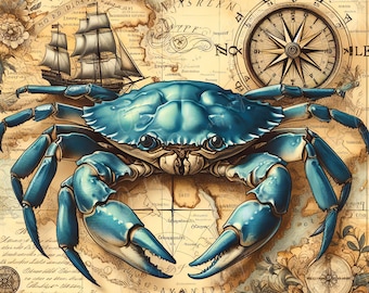 May include: A blue crab with detailed claws and a compass with a nautical map background. The compass has a gold needle and a black and white face with Roman numerals.