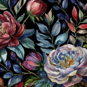 以下が含まれることがあります： 黒い背景にピンク、紫、青の花が咲いた水彩画の花束