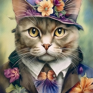Grand papier de découpage pour meubles - portrait de chat - papier de riz - papier de découpage - petit chapeau floral