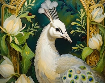 May include: A white peacock with a green and blue tail feathers is framed in a gold ornate frame with white magnolia flowers.