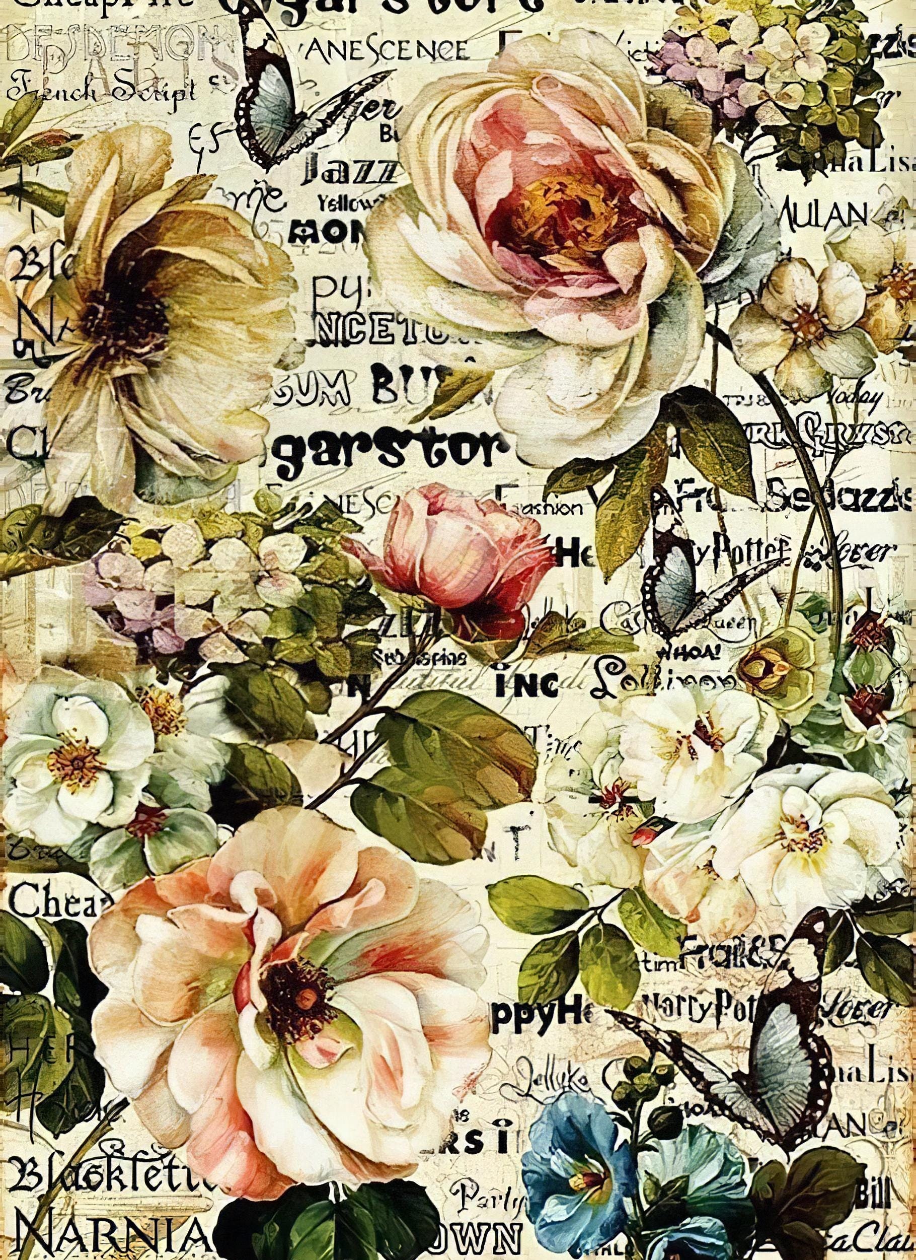 Floral Pattern - Decorative Decoupage Paper - for Furniture - Large Size Options [ Light Pink Green White ]