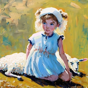 Grand papier de découpage pour meubles - 6 formats au choix - Mouton blanc et petite fille - Peinture à l'huile