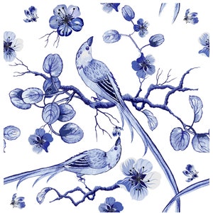 Papel de decoupage de pájaros azules para muebles y manualidades - Papel de arroz grande - Estampados florales y de pájaros vintage