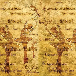 Op de afbeelding: Een vintage-stijl stofoverdrachtontwerp met vier silhouetten van ballerina's in een goud- en bruine kleurschema. Het ontwerp bevat de tekst "la danse d'amour" en "The dance of love" in het Frans en Engels.