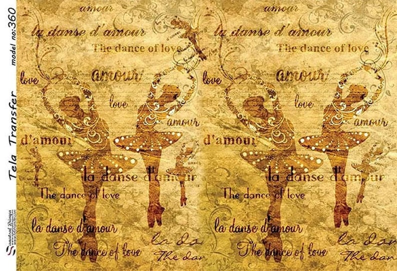 Op de afbeelding: Een vintage-stijl stofoverdrachtontwerp met vier silhouetten van ballerina's in een goud- en bruine kleurschema. Het ontwerp bevat de tekst "la danse d'amour" en "The dance of love" in het Frans en Engels.