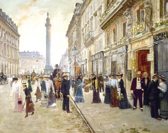 Puede incluir: Una pintura que representa una escena de calle bulliciosa en París, Francia. La calle está bordeada de edificios, y hay muchas personas caminando y montando en carruajes tirados por caballos. En la distancia, se puede ver una columna alta. La pintura está realizada en un estilo realista, con un enfoque en el detalle.