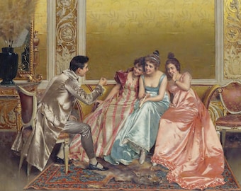 Puede incluir: Una pintura que representa a un grupo de personas en una habitación ricamente decorada. Un hombre con un abrigo plateado está sentado en una silla, hablando con tres mujeres con vestidos elegantes. Las mujeres están sentadas en un sofá, y una de ellas está riendo. La habitación está decorada con molduras doradas y muebles ornamentados.