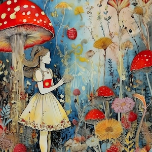 Fairytale Alice - Carta per decoupage grande - 6 opzioni di formato - Fungo gigante rosso - Collage del paese delle meraviglie