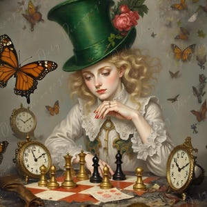 Alicia con sombrero verde - Papel para decoupage - 6 tamaños - Ajedrez - Reloj vintage - Mariposa