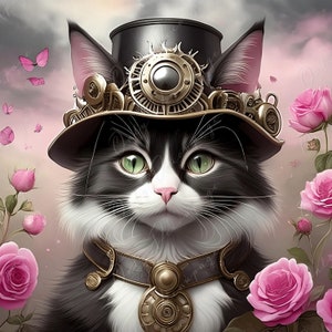Chat avec chapeau - Papier de découpage pour meubles - Papier de riz - Papier de découpage - Steampunk