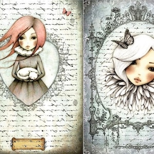 Cartoon Girl Character  - Decorative Decoupage Paper - for Furniture - 1 A3 Sheet [ Black White Pink ]