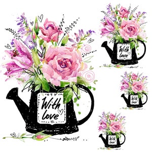 May include: Watercolor illustration of a bouquet of pink flowers in a black watering can with the text "With Love" on the side. The flowers are surrounded by green leaves and purple flowers.