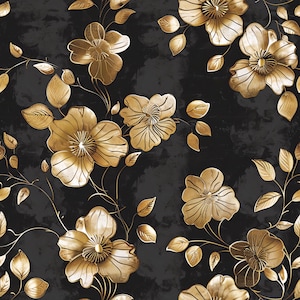 Papel floral para decoupage - Patrón repetitivo - 6 tamaños - Flores negras y doradas