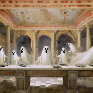 Colección de Halloween - Papel de decoupage grande - 6 tamaños - La Última Cena con Fantasmas Blancos