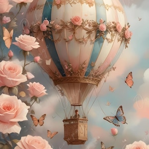 Mongolfiera da favola - Carta da decoupage grande - 6 opzioni di dimensioni - Rose rosa