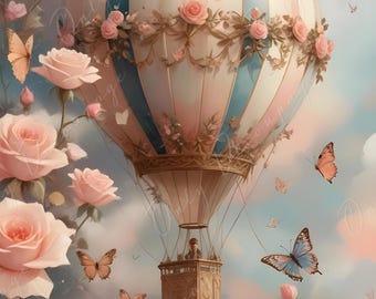 Globo aerostático de cuento de hadas - Papel de decoupage grande - 6 opciones de tamaño - Rosas rosas