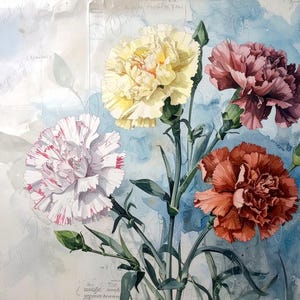 Claveles de acuarela - 7 tamaños - Papel de decoupage grande para muebles - Arte botánico