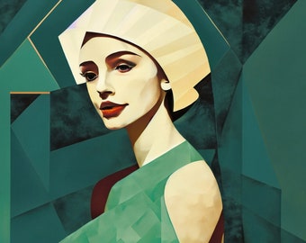 Puede incluir: Una mujer con un tocado blanco y un vestido verde se representa en un estilo geométrico abstracto. El fondo es de color verde azulado oscuro con detalles dorados.