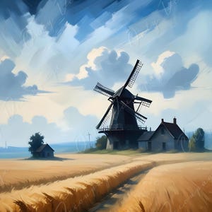 Papel de decoupage grande - Tamaño 6 - Molino de viento con campo de trigo dorado - Papel de arroz - Cielo azul