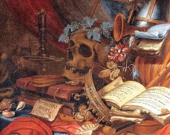 May include: A still life painting featuring a human skull adorned with leaves, a musical score, a violin, a crown, a feather, and a scroll with the text "memento mori".