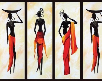 Puede incluir: Cuatro pinturas de mujeres estilizadas con ropa roja y naranja. Las mujeres están representadas en un estilo minimalista con contornos negros y rasgos simples. Las pinturas están sobre un fondo amarillo claro.