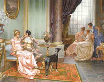 Puede incluir: Una pintura que representa a un grupo de personas en una habitación ricamente decorada. Dos personas están sentadas en un sofá, mientras que otras tres están de pie en el fondo. Un perro negro está de pie en primer plano. La habitación cuenta con muebles ornamentados, incluyendo una mesa con un jarrón de flores, un gran espejo y una ventana con cortinas.