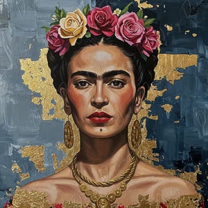 May include: A portrait painting of a woman with dark hair, a floral crown, and gold jewelry. The background is a textured mix of blue-gray and gold leaf accents. The woman has a serious expression.