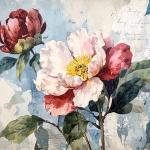 Arte Botânica - 7 Opções de Tamanho - Papel Decoupage Grande para Móveis - Flor Vermelha e Rosa