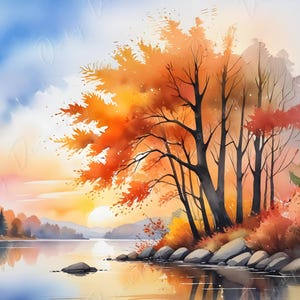 Papel de decoupage grande - Tamaño 6 - Naturaleza en otoño - Papel de arroz - Escena otoñal en acuarela