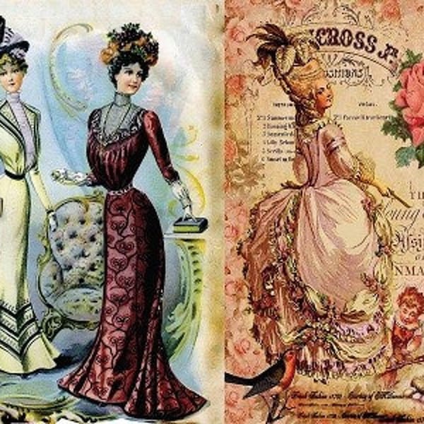 Vintage Kleidung - Frauen - Dekoratives Decoupage Papier - für Möbel - Große Größen Optionen [ Bunt ]