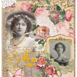 May include: A vintage-style collage featuring a woman in a hat and lace, surrounded by pink roses, a butterfly, and a clock. The image has a gold and white color scheme and a romantic feel.