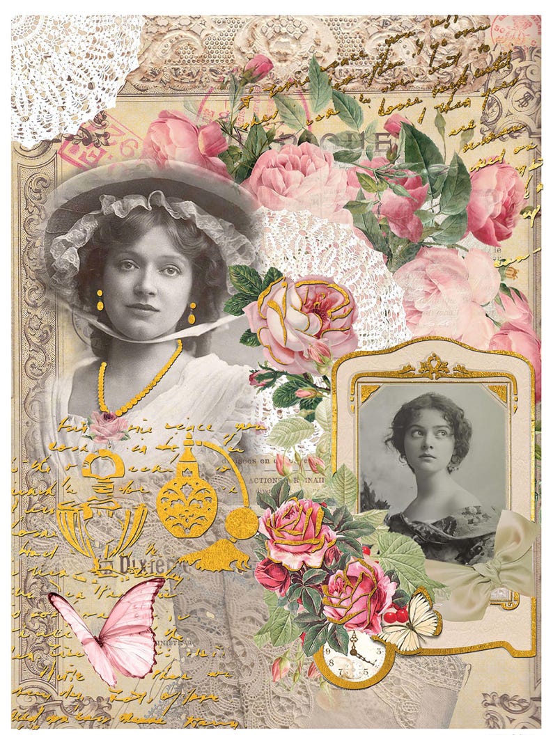 May include: A vintage-style collage featuring a woman in a hat and lace, surrounded by pink roses, a butterfly, and a clock. The image has a gold and white color scheme and a romantic feel.