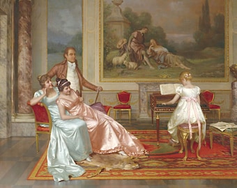 Puede incluir: Una pintura que representa a una familia en una habitación grandiosa. Una niña toca un clavicémbalo mientras dos mujeres y un hombre observan. La habitación cuenta con una gran pintura en la pared, una alfombra roja y una chimenea de mármol.