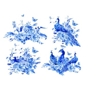 Pavo real azul - Papel de decoupage vintage de pájaro azul para muebles - Papel de arroz grande - Diseños florales y de pájaros