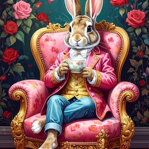 May include: An illustration of a rabbit dressed in a pink coat and blue pants, seated in a pink floral armchair, holding a teacup. The background features a dark teal wall with red and pink roses. The rabbit has a white bow tie and a gold vest.